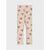 A pair of children's leggings in a light beige color, featuring an all-over print of cartoon foxes and small pink flowers, displayed flat against a light gray background.