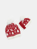 Red and white knit hat and mittens with Christmas patterns on a white background