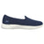 A navy blue slip-on walking shoe with a textured mesh upper and a white sole, shown in a side profile view against a white background.