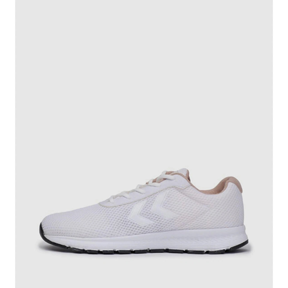 A white athletic sneaker with a white mesh upper, white laces, and a white midsole with a black outsole, shown from a side profile on a light gray background.