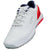 A white golf shoe with navy blue accents on the collar and tongue, a red heel counter, and a gray sole, shown on a plain white background.