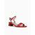 A red leather block-heel sandal with a low square toe, featuring thin front straps and an adjustable ankle strap with a silver buckle, shown against a plain white background.