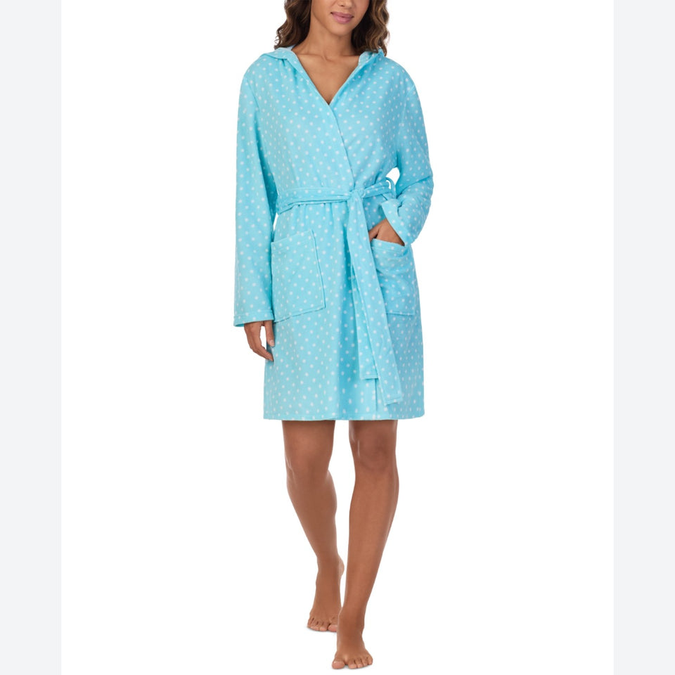 Cuddl Duds Women's Aqua Short Long-Sleeve Hooded Wrap Sleep Robe