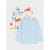 Two children's long-sleeve knit tops laid flat on a light gray background. The front top is light blue with a chest pocket, and the back top is cream with a colorful car print in red, blue, and yellow.