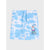 Light blue and white tie-dye shorts featuring a cartoon shark graphic with the text 'BEACH BRAID' and 'JAWS' on the left leg, complete with a matching drawstring waist.