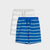 Two pairs of children's shorts stacked together on a light gray background. The front pair is royal blue with thin white horizontal stripes, and the back pair is light gray with white horizontal stripes.
