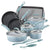 A 15-piece kitchen cookware set in a light blue color with stainless steel interiors and handles, including pots, pans, lids, a baking sheet, and utensils, arranged on a white background.