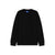 A black long-sleeve crewneck sweatshirt with ribbed cuffs and hem, displayed flat against a solid white background. A small blue tag with white text is visible inside the collar, reading 'HUGO'.
