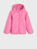 Pink quilted jacket on a light gray background