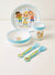 Children's dinner set with plate, bowl, cup, fork, and spoon featuring CoComelon characters on a white background.