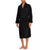 A man wearing a black plush bathrobe with a small red Polo Ralph Lauren pony logo on the left chest, standing against a plain white background.