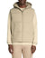 Man wearing a beige puffer jacket with a hood on a white background