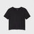 A black short-sleeve t-shirt with a delicate white polka dot pattern and a scalloped lace hem, displayed flat against a light gray background.