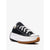 A black low-top platform sneaker with white laces, a thick white platform midsole, and a brown gum outsole, shown against a plain light gray background.