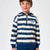 A young boy wearing a navy blue and cream horizontally striped hoodie with a distressed texture, featuring the text 'MONDAY AGAIN!' on the chest, set against a plain light gray background.