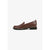 A single brown leather penny loafer shown in a side profile view against a clean white background.