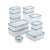 A set of clear plastic food storage containers with light blue locking lids, shown in various sizes on a plain white background.