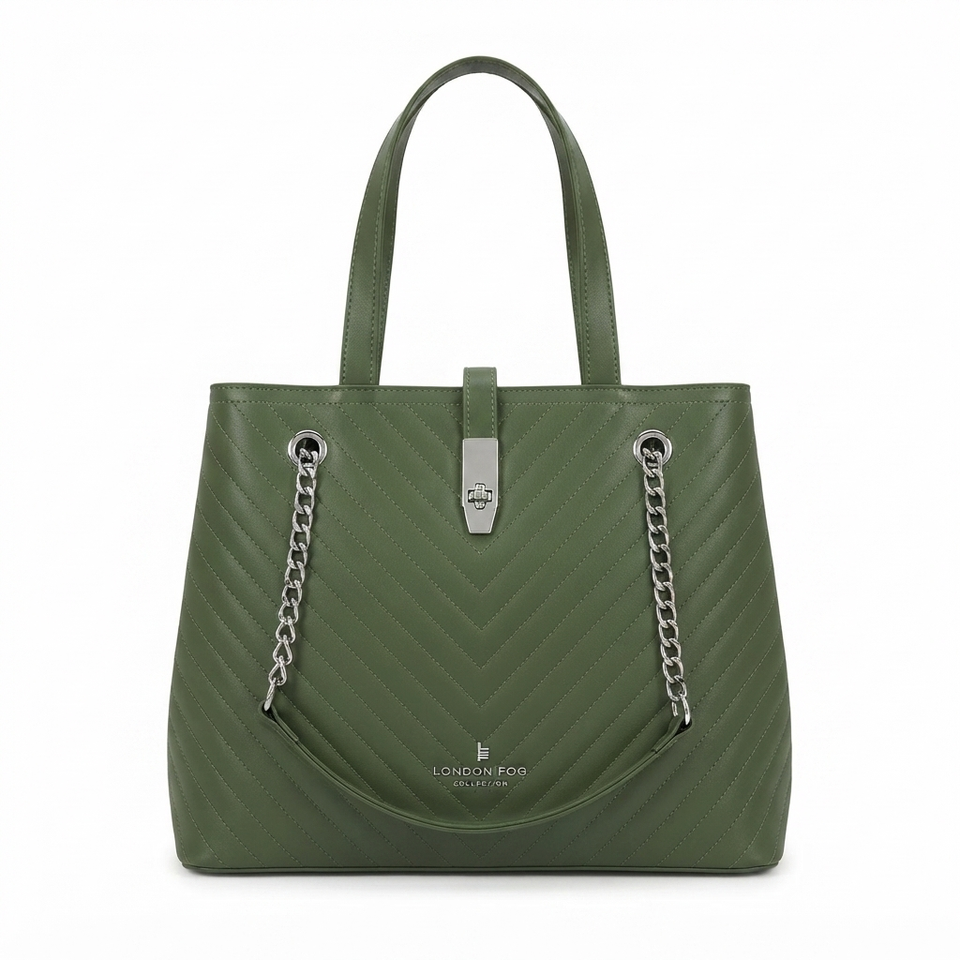 An olive green pebbled leather tote bag with silver chain straps and a silver metal clasp, shown against a plain white background.