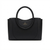 A black leather handbag with a structured rectangular body, a single top handle, and a curved flap detail on the front featuring a gold 'LONDON FOO' logo, set against a plain white background.