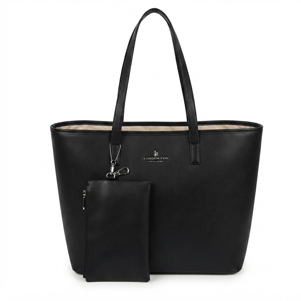 A black faux-leather tote bag with dual shoulder straps and a matching zippered pouch attached by a silver clasp, shown on a plain white background. The brand name 'LONDON FUND' is printed in small silver letters on the front.