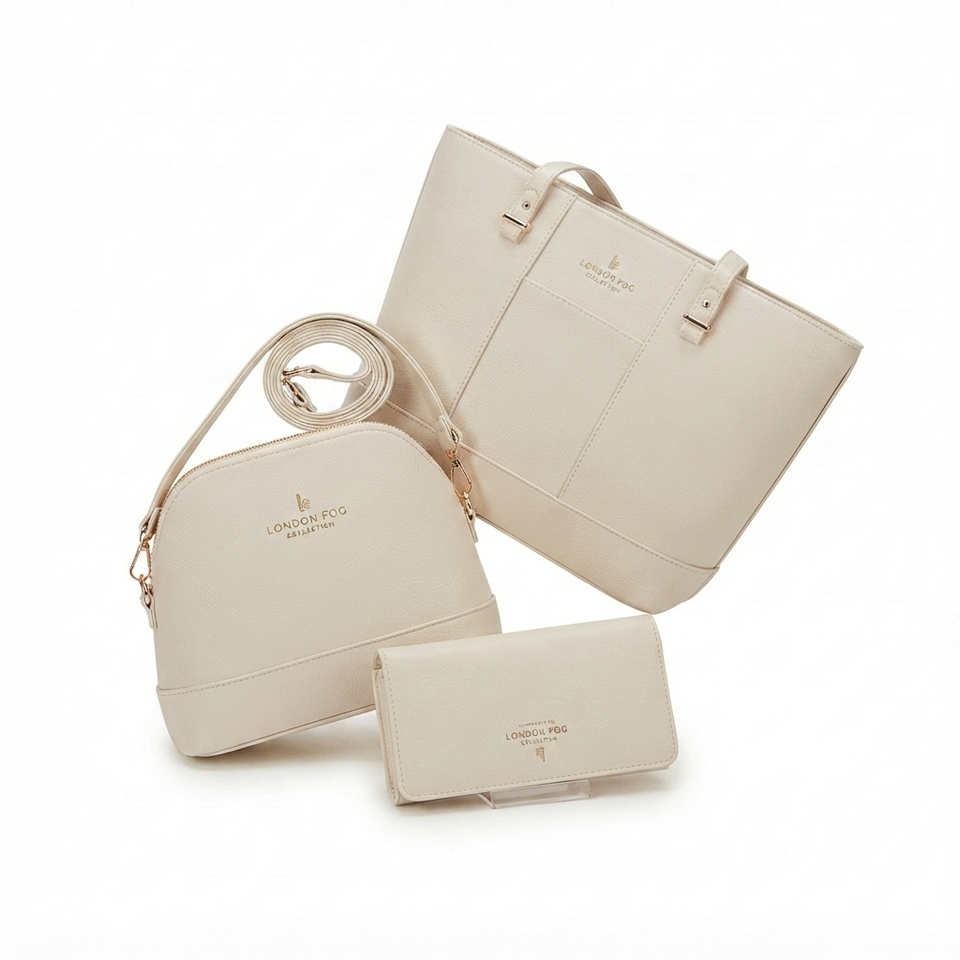 A three-piece women's handbag set in a light cream/off-white faux leather, including a large tote bag, a smaller shoulder bag with an adjustable strap, and a matching wallet. The brand name 'LONDON BOY' is printed in gold on the front of each item.