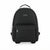 A black pebbled leather backpack with a front zippered pocket and a silver-tone metal logo plate on the upper front, shown against a plain white background.