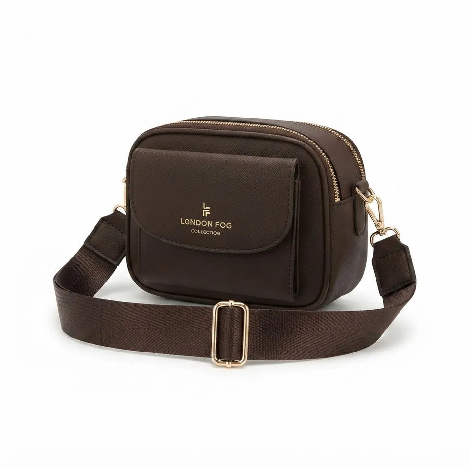 A dark brown crossbody bag with a matching adjustable strap, featuring gold-tone hardware and the 'LONDON FOG COLLECTION' logo on the front flap, set against a plain white background.