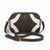 A London Fog Collection crossbody camera bag in dark brown and white with a matching brown strap and gold-tone hardware, shown on a white background.