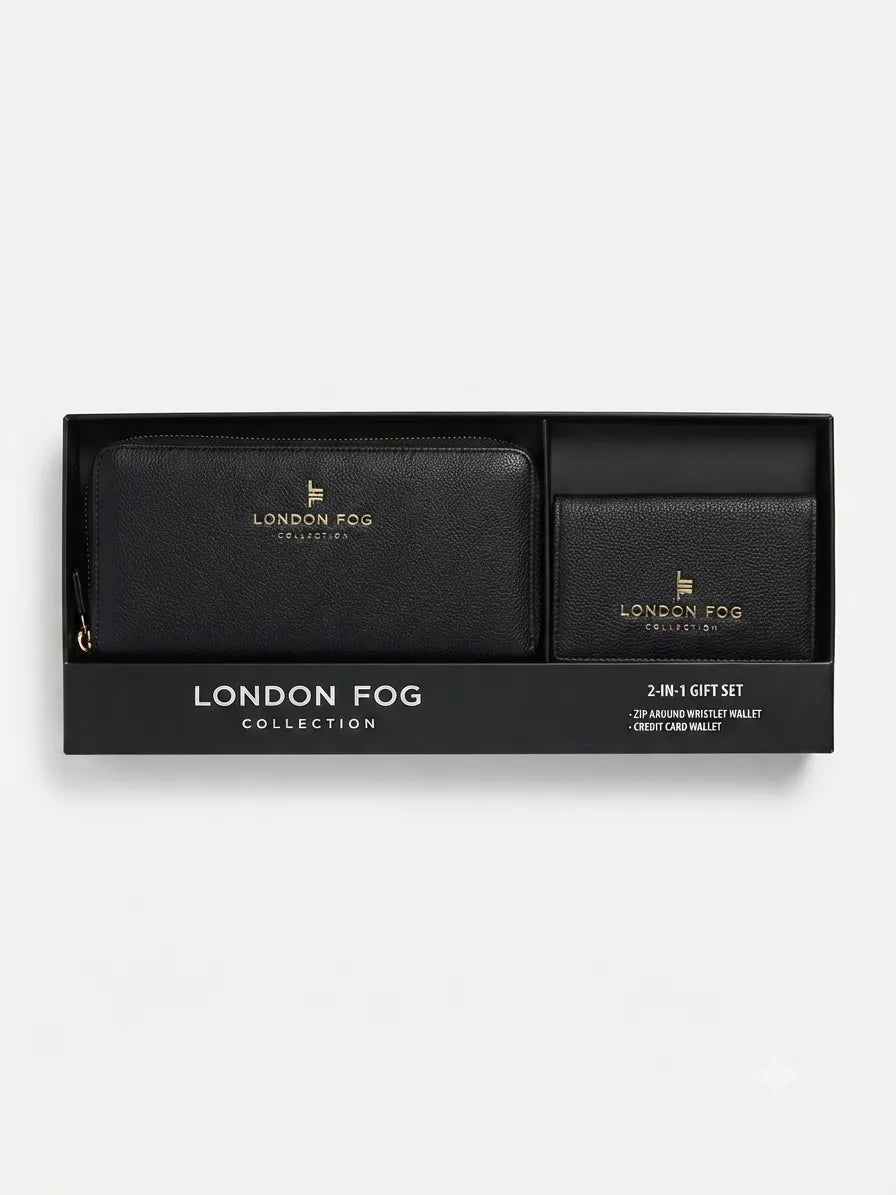 London Fog Collection 2-in-1 gift set containing a black leather zip-around wallet and a matching black leather card holder, presented in a black gift box on a light gray background.