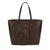 A dark brown leather tote bag with dual shoulder straps, a front zippered pocket, and a small silver-tone logo plaque on the front, shown against a plain white background.