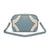 A light blue and cream crossbody camera bag with a geometric pattern, gold-tone hardware, and a matching blue strap, shown on a white background.