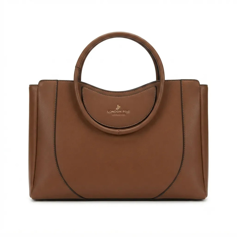 A brown leather handbag with a single top handle, featuring a curved front design and a gold 'LONDON FUG' logo on the center, set against a plain white background.