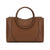 A brown leather handbag with a single top handle, featuring a curved front design and a gold 'LONDON FUG' logo on the center, set against a plain white background.