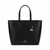A black leather tote bag with double top handles, a hanging leather tag, and a small silver-tone metal logo plaque on the front. The brand name 'LONDON FOB' is printed in white near the bottom center.