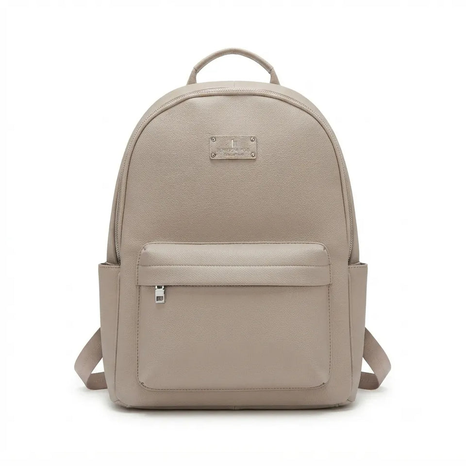 A taupe-colored faux leather backpack with a top handle, front zippered pocket, and side pockets, shown against a plain white background.
