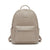 A taupe-colored faux leather backpack with a top handle, front zippered pocket, and side pockets, shown against a plain white background.