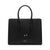 A black leather handbag with double top handles and knotted tie details, featuring a small silver-toned London Eye London logo on the front, set against a plain white background.