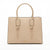 A structured beige leather handbag with double top handles, knotted leather details on the front, and a small gold logo on the lower center, shown against a plain white background.