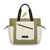 A quilted utility tote bag by Backmarkt in olive green and cream, featuring black shoulder straps, a diagonal zippered pocket on the front, and side drawstring details, shown on a white background with a product tag attached.