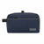 A navy blue textured canvas toiletry bag with a front slip pocket, a top carry loop, and a small grey brand patch on the lower right corner, shown against a plain white background.