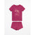 A two-piece kids' loungewear set in a deep magenta pink, featuring a short-sleeve t-shirt with a gold unicorn graphic and matching shorts, displayed flat against a white background.