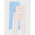 Two pairs of children's leggings laid flat on a light gray background. The back pair is light blue ribbed, and the front pair is cream with a pink and blue floral print.