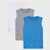 Three sleeveless athletic tank tops in white, gray, and blue, arranged in a stacked overlapping layout on a light gray background.