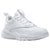 A white low-top athletic sneaker with white laces, a thick textured sole, and a pull tab on the heel, shown against a plain white background.