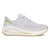 A light gray and white running shoe with gold accents, shown from the side against a plain white background.