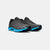 A pair of athletic running shoes in dark gray and black with a bright blue midsole accent, shown against a light gray background.