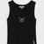A black sleeveless tank top featuring a small white embroidered Kuromi face on the center chest and a white brand tag near the bottom hem, displayed against a light gray background.