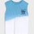 Blue and white tie-dye tank top with graphic design on a light gray background