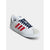 A white Adidas sneaker featuring navy blue laces, red three-stripes on the side, a gold logo accent, and a white rubber sole, shown against a light gray background.
