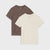 Two short-sleeve crew-neck pocket T-shirts shown on a light gray background, one in taupe-brown and one in cream.